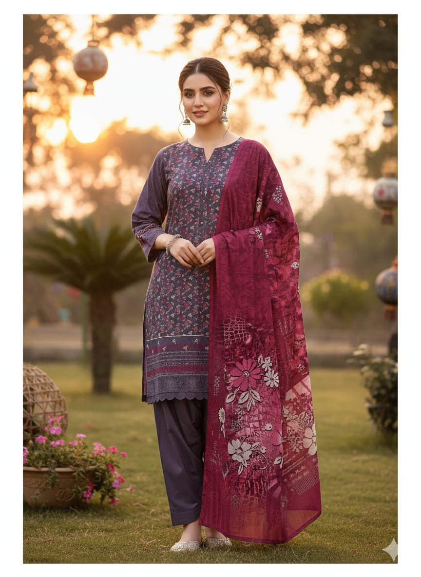 Women's Premium 3-Piece Unstitched Printed Lawn Suit & Digital Dupatta SAPPHIRE