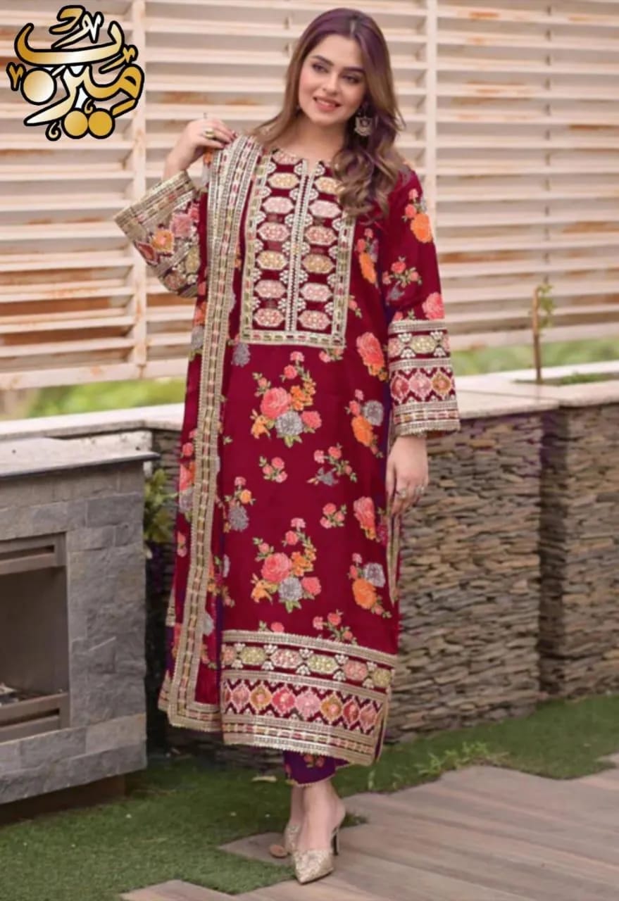 3 PCS WOMEN'S STICHED  LAWN  EMBROIDERED SUIT
