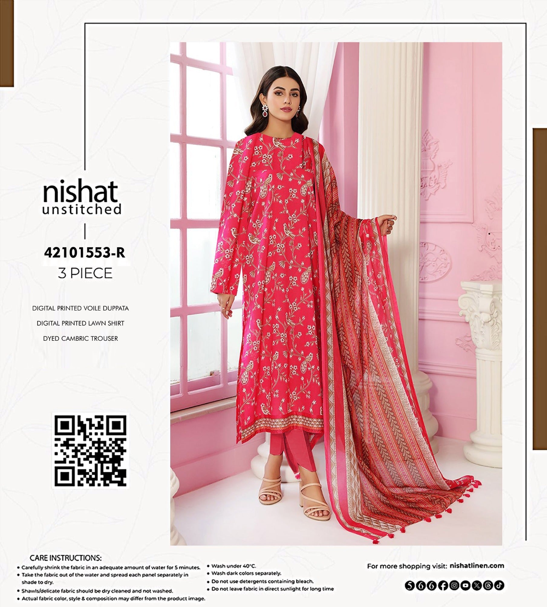 Nishat Linen Unstitched 3 Piece Lawn Suit - Digital Printed Shirt & Voile Dupatta