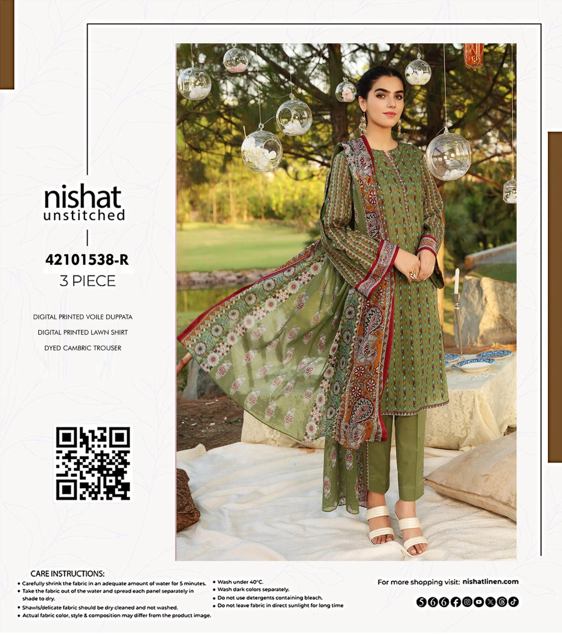 Nishat Linen Unstitched 3 Piece Lawn Suit - Digital Printed Shirt & Voile Dupatta