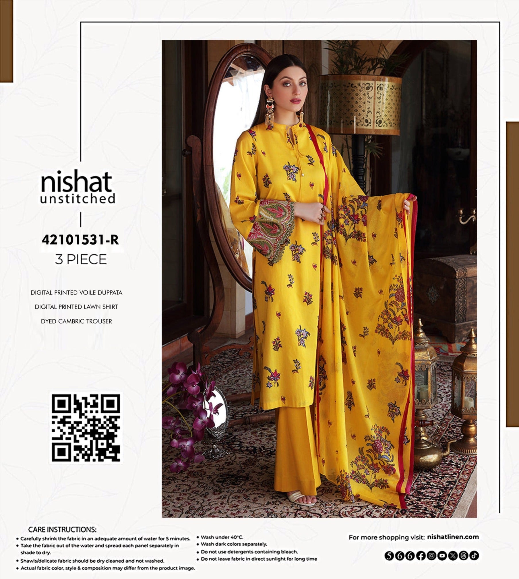 Nishat Linen Unstitched 3 Piece Lawn Suit - Digital Printed Shirt & Voile Dupatta