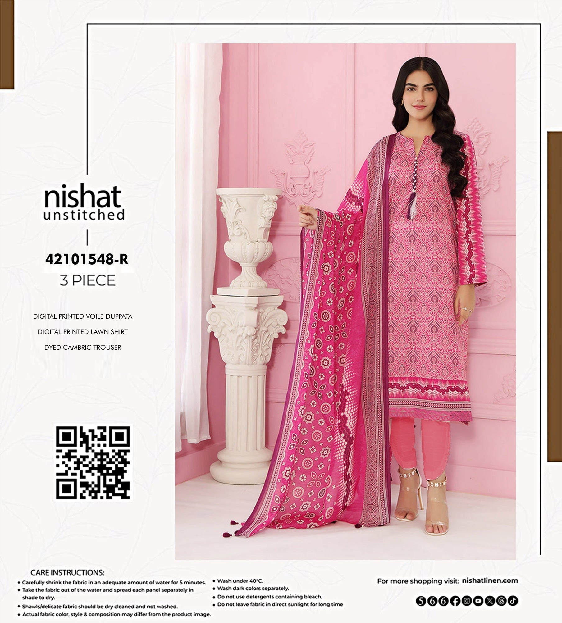Nishat Linen Unstitched 3 Piece Lawn Suit - Digital Printed Shirt & Voile Dupatta